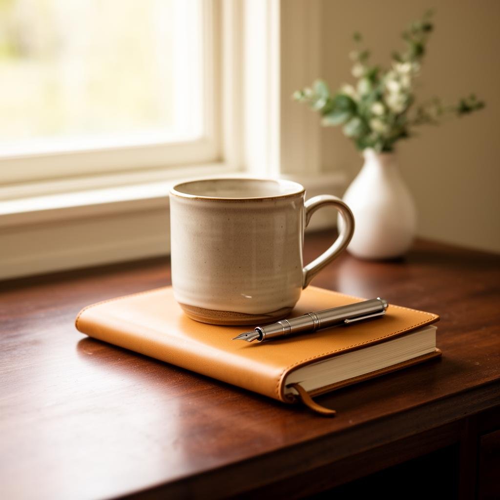 A handmade ceramic mug rests on a leather journal beside a sunlit window