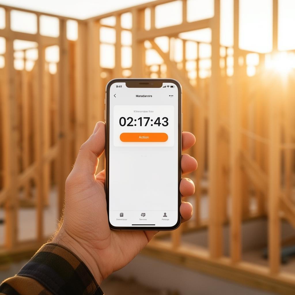 A tradesperson holds a phone showing a clock-in timer on a sunlit construction site